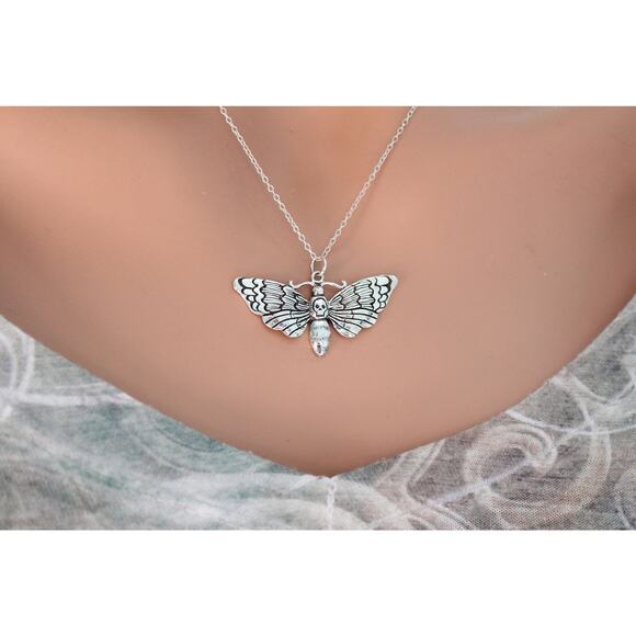 Sterling Silver Death's-Head Hawk Moth Charm Necklace - Picture 2 of 4
